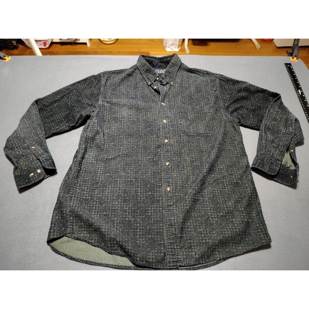 Trader Bay Pinwhale Corduroy Shirt Men‎ M Black Floral Long Sleeve Fall